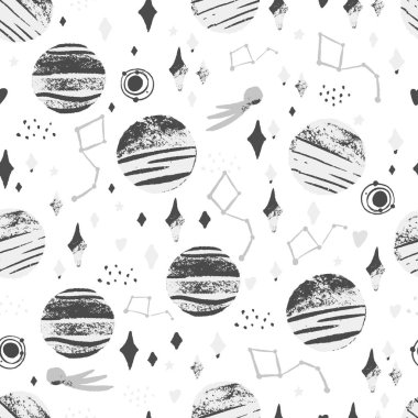 Alan grunge karikatür tarzı beyaz arka plan üzerinde kozmik tasarım. Yıldız gezegen seamless modeli