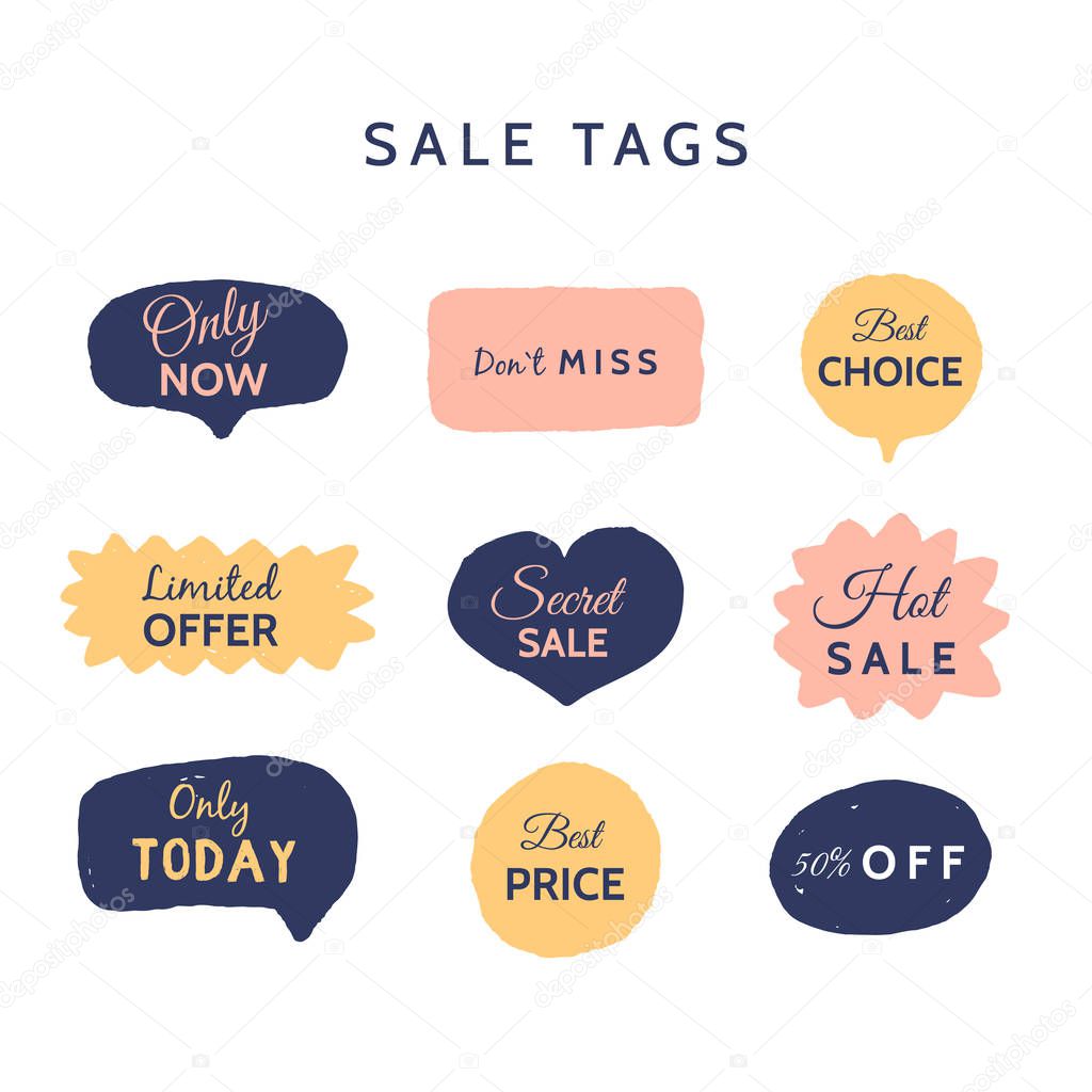 Grunge sale badge collection. Discount price offer set with place for text. Promo coupon labels