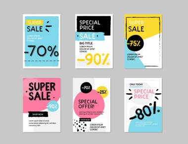 Modern satış banner şablon seti. Alışveriş promosyon, afiş, poster, e-posta ve bültenler için grunge Vector Illustration. Modern açıklık teklifi.