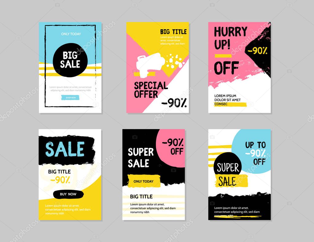 Modern sale banner template set. Grunge Vector illustration for shop promotion, banners, posters, email and newsletters. Modern clearence offer.
