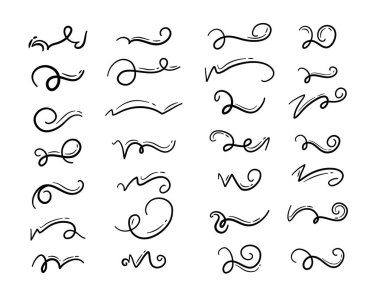 Set of hand drawn lettering and calligraphy swirls, squiggles. Vector ink swirl and swoop decorations for composition clipart