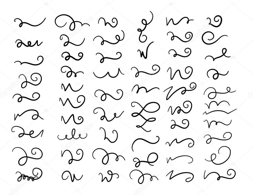 Set of hand drawn lettering and calligraphy swirls, squiggles. Vector ink swirl and swoop decorations for composition