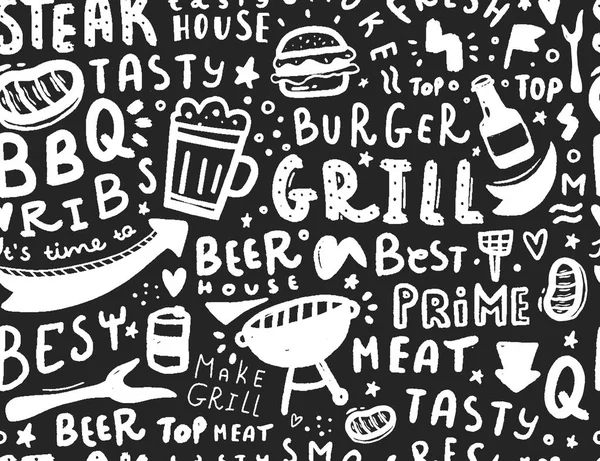 Modern bokstäver BBQ sömlösa mönster. Barbeque Food illustration för meny design — Stock vektor