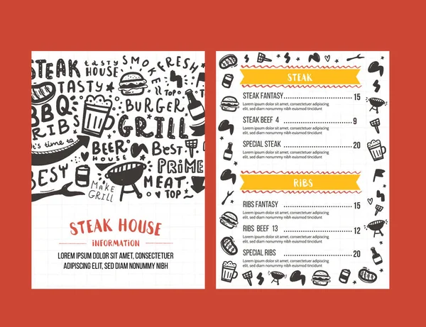 Biff meny design. BBQ Grill affisch med skiss ikoner. Grill Café design — Stock vektor