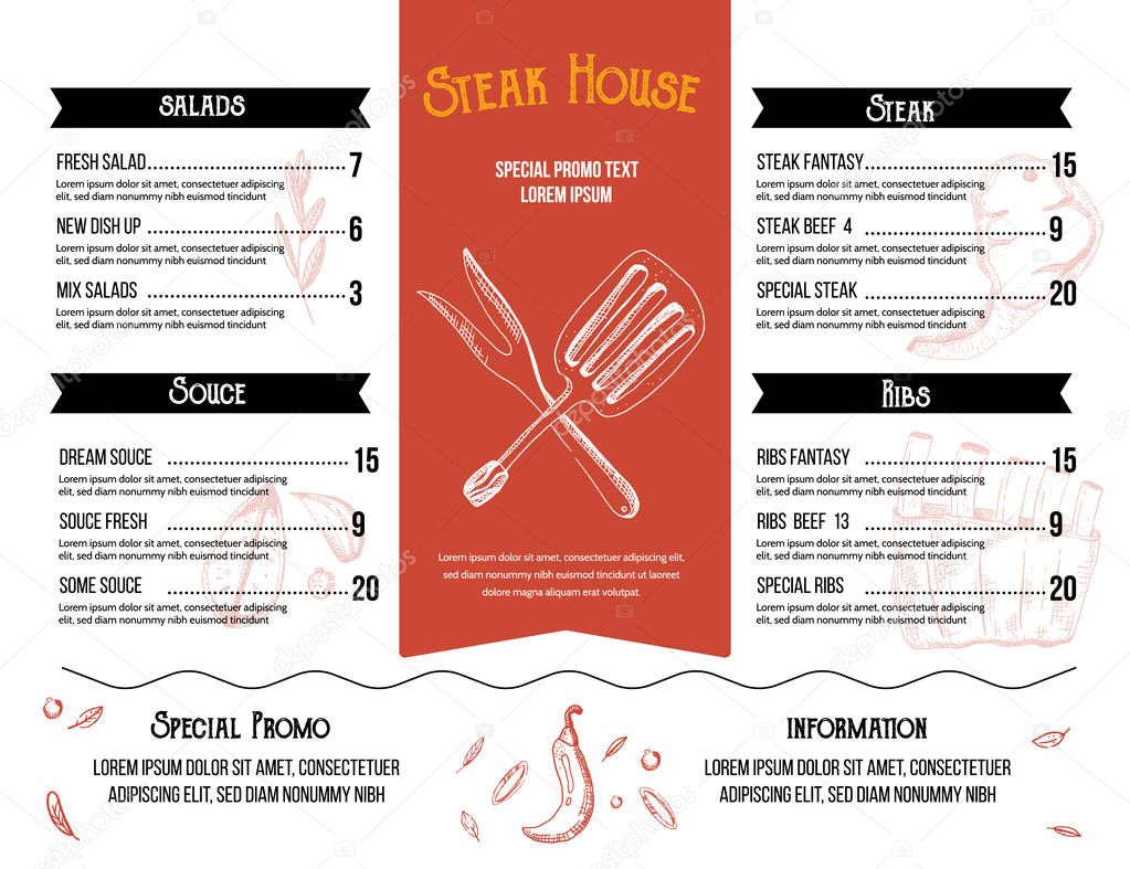 Steak menu design. BBQ grill poster with sketch icons. Barbecue cafe design