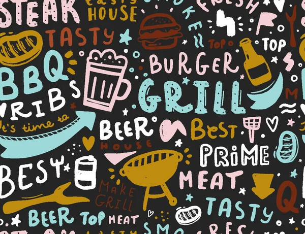 Padrão sem emenda moderno letras bbq. Ilustração de comida de churrasco para design de menu — Vetor de Stock
