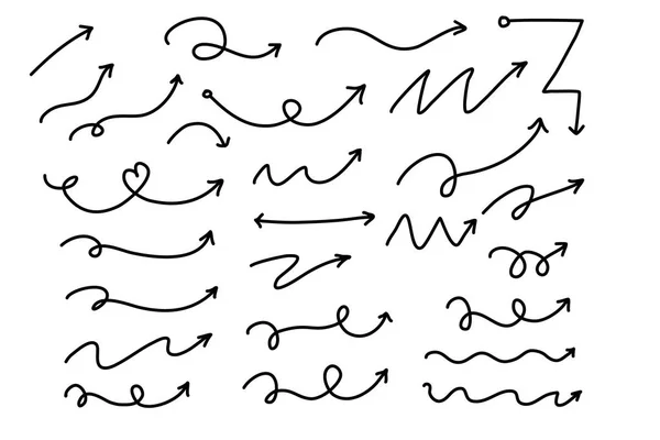 Pijl ingesteld met schets ruw zwarte pictogrammen. Hand getekende lijnen. — Stockvector