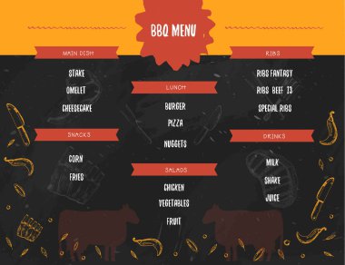 Vintage ızgara menü tasarımı. Doodle arka plan ile ızgara poster. Biftek broşürü