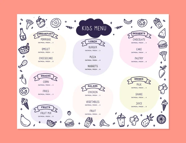 Menu enfant doodle moderne, grand design pour tous les usages. Petit déjeuner sain. Concept de cuisine pour restaurant, café — Image vectorielle