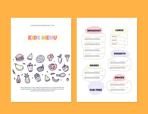 Menu enfant doodle moderne, grand design pour tous les usages. Petit déjeuner sain. Concept de cuisine pour restaurant, café — Image vectorielle