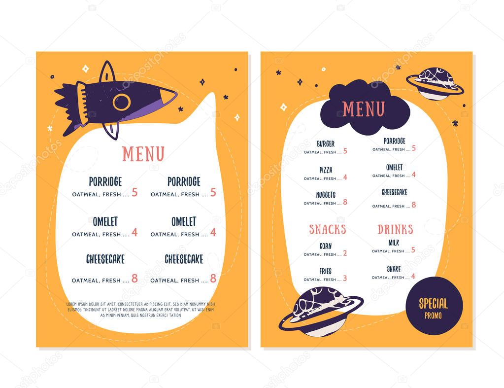 Modern doodle Kids menu, great design for any purposes. Healthy food breakfast. Cooking concept for restaurant, cafe