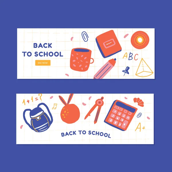 Back to school benners set. Cute doodle background. Colorful education concept — Stock Vector