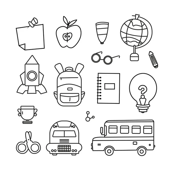 De volta à escola com material de estudo, ônibus, globo, foguete espacial, maçã e caneta. Design de linha simples para sua promoção — Vetor de Stock