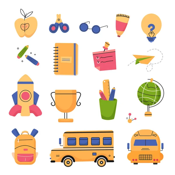 Voltar para a escola com material de estudo, ônibus, globo, foguete espacial, maçã e caneta — Vetor de Stock
