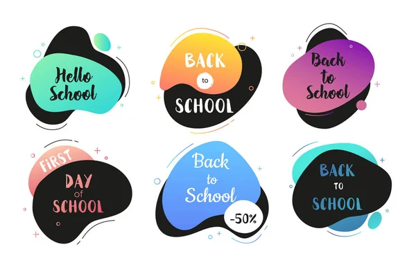 Torna al set di badge gradiente vettoriale scuola. Promozione dell'educazione, pubblicità di vendita, illustrazione tipografica sulle etichette — Vettoriale Stock