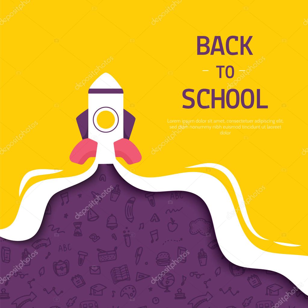 Back to school banner with rocket and doodle pattern, simple design for any purposes.