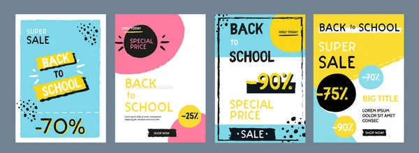 Back to school banner set, simple design for any purposes. Study concept with gradient labels, backpack, pen — Stock Vector