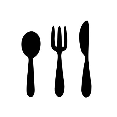 Çatal, bıçak, kaşık ile çatal bıçak seti simgesi. İzole siyah siluet.