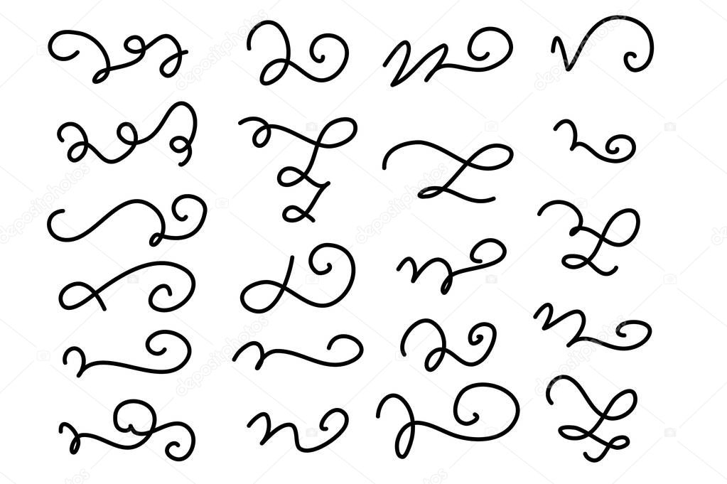 Set of hand drawn lettering and calligraphy swirls, squiggles. Vector ink decorations for composition