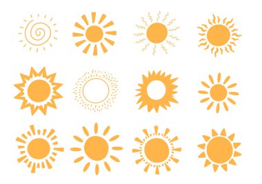 Doodle vektör güneş koleksiyonu. Sunshine yaz konsepti. Soyut sıcak şekil. Sevimli Arka Plan