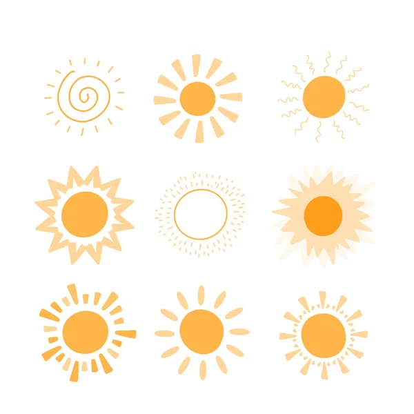Doodle wektor kolekcji słońca. Letnia koncepcja Sunshine. Abstrakcyjny ciepły kształt. Śliczne tło — Wektor stockowy