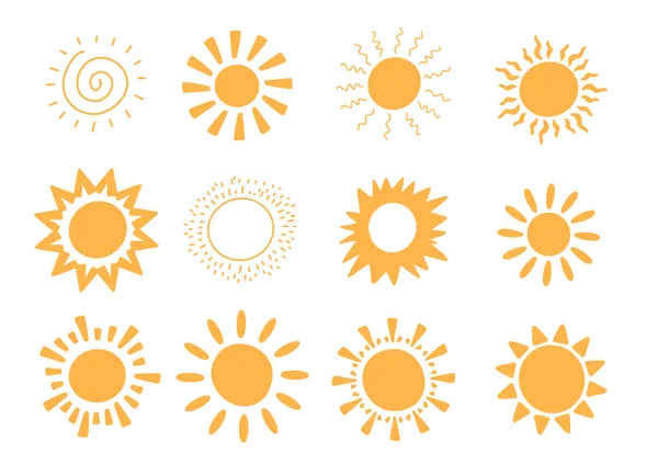 Doodle vektör güneş koleksiyonu. Sunshine yaz konsepti. Soyut sıcak şekil. Sevimli Arka Plan — Stok Vektör