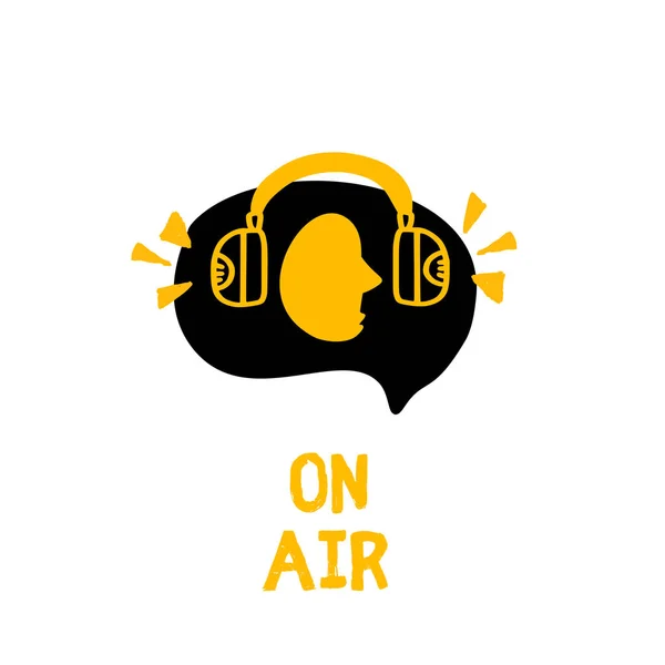 Kulaklık kavramı vektör adam. Podcast logosu grunge tarzında. Canlı müzik. Yayın simgesi — Stok Vektör