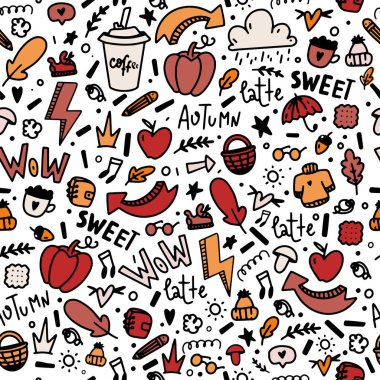 Sonbahar doodle sorunsuz desen. Balkabağı, kahve, beyaz arka plan üzerine yaprak ile Sonbahar illüstrasyon