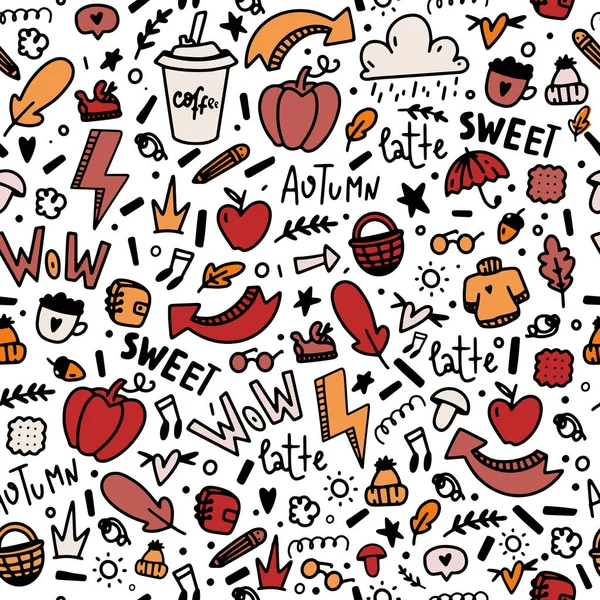 Autumn doodle padrão sem costura. Ilustração da queda com abóbora, café, folha no fundo branco — Vetor de Stock