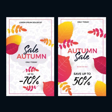 Sonbahar satış teklif afiş desen arka plan üzerinde yaprakları ile ayarlanır. Mağaza pazar promosyon tasarımı. Vektör çizimi.