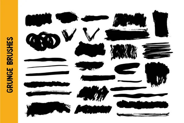 Grunge conjunto de curso preto, textura da escova de tinta, banner ponto de respingo, forma do elemento — Vetor de Stock