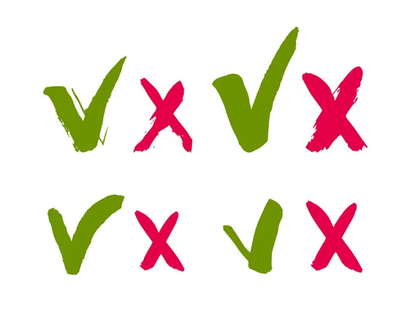 Doodle Croix rouge et tique verte isolées sur fond blanc. Illustration vectorielle des signes Droite et Faux. Oui et non symboles — Image vectorielle