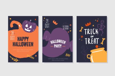 Cadılar Bayramı partisi afiş davetiyesi. Pumkin, hayalet dekoru. Ürkütücü el ilanı