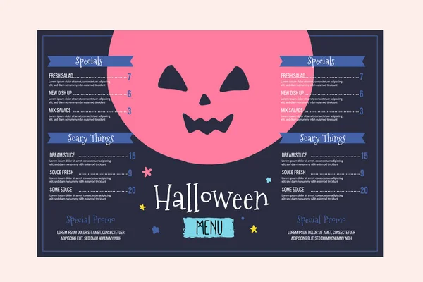 Moderno design del menu di Halloween. Food design per vacanze speciali. Autunno sfondo, volantino spettrale per reastaurant — Vettoriale Stock