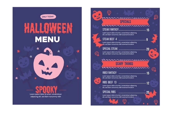 Moderno design del menu di Halloween. Food design per vacanze speciali. Autunno sfondo, volantino spettrale per reastaurant — Vettoriale Stock