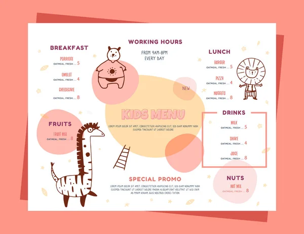 Kindermenü Doodle Illustration mit Tieren. einfache Lebensmittel Vektor Hintergrund. Gestaltung der Broschüre Layout-Vorlage. — Stockvektor