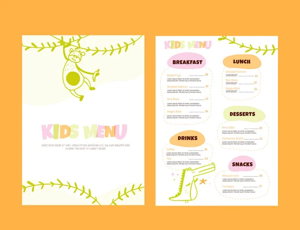 Kids Menu Doodle ilustração com animais. Simples Food Vector fundo. Design de modelo de layout de folheto . — Vetor de Stock