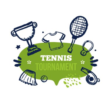 Konuşma balonunda tenis pankartı grunge raketi, tişört, şampiyonluk kupası