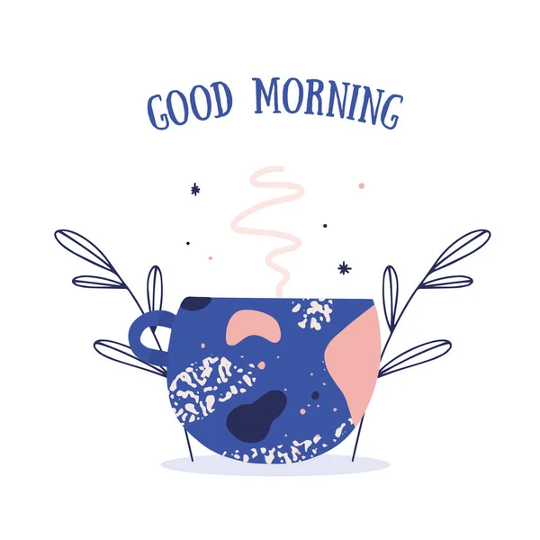 커피 머그와 함께 현대의 아침 포스터. 반사기의 좋은 아침 인사. — 스톡 벡터