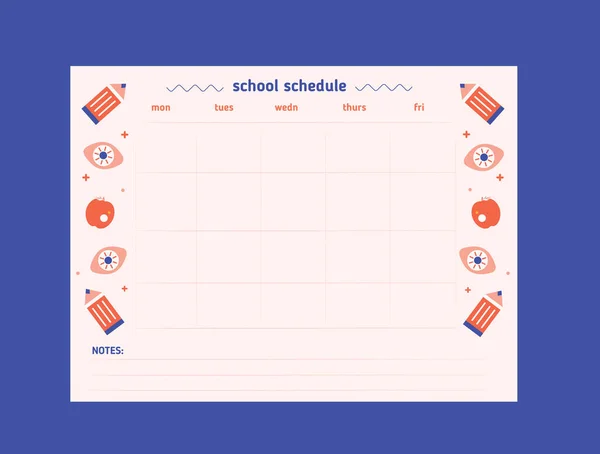 Modello di design del programma della scuola Hipster stampabile con matita, occhio in stile piatto. Modello vettoriale. Calendario Pianificatore giornaliero. Foglio di carta. — Vettoriale Stock