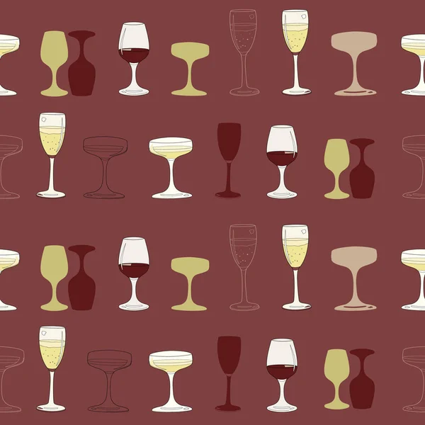 Vector rood bordeaux champagne en wijn collectie naadloze patroon achtergrond. — Stockvector