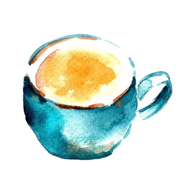 Aquarel Blauwe Kop Koffie Met Hand Getekend Aquarel Illustratie Cappuccino — Stockfoto