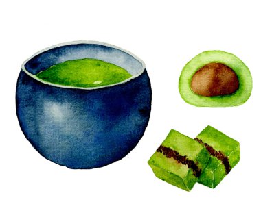Matcha latte ve mochi şekeri. Yeşil çay latte. Beyaz arkaplanda suluboya resim