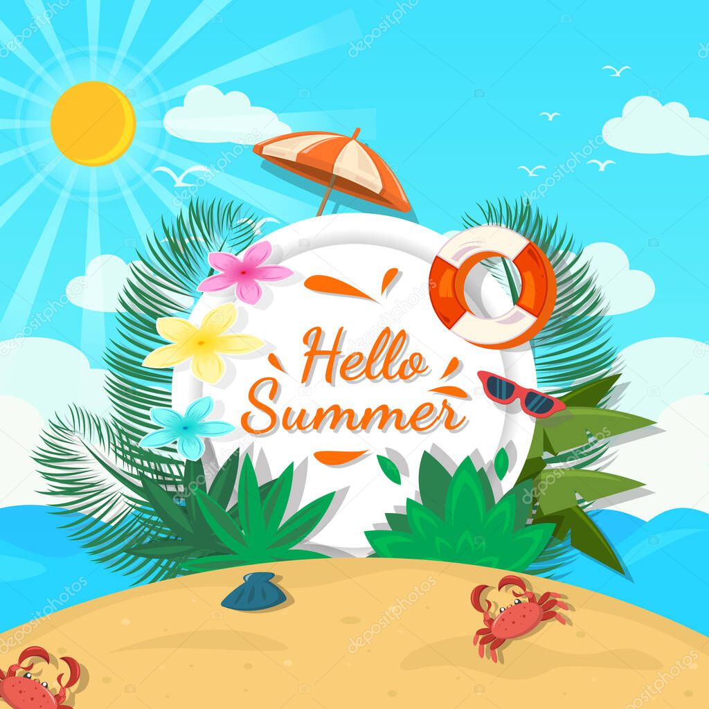 Hello summer in flat design background. Summer vector illustration banner design concept in beach.