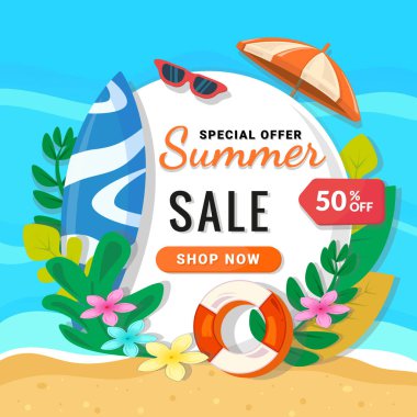 Tropikal yapraklı yaz indirimi afişi. Yaz dönemi afişi için özel indirimli satış. Sosyal medya tanıtımı yaz konsepti.