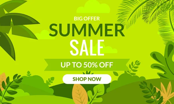 Plantilla Banner Venta Verano Con Hojas Tropicales Oferta Especial Venta — Vector de stock