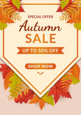 Sonbahar satış vektör arkaplanı tatil tanıtımı, davetiye ve tebrik kartı için yapraklarla dekore edilir. Vektör resimleme şablonu
