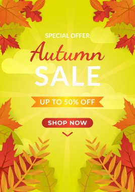  Sonbahar satış vektör arkaplanı tatil tanıtımı, davetiye ve tebrik kartı için yapraklarla dekore edilir. Vektör resimleme şablonu