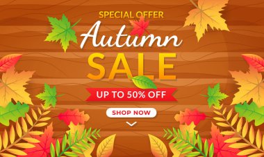 Sonbahar satış vektör arkaplanı tatil tanıtımı, davetiye ve tebrik kartı için yapraklarla dekore edilir. Vektör resimleme şablonu