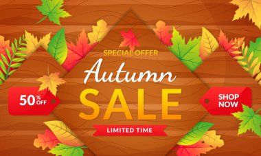 Sonbahar satış vektör arkaplanı tatil tanıtımı, davetiye ve tebrik kartı için yapraklarla dekore edilir. Vektör çizim şablonu. Ahşap konseptli sonbahar arkaplanı